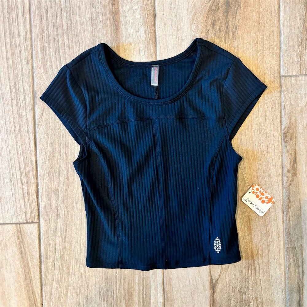 FP Movement Tempo Ribbed Baby Tee Womens XS Black Cropped Cap Sleeve